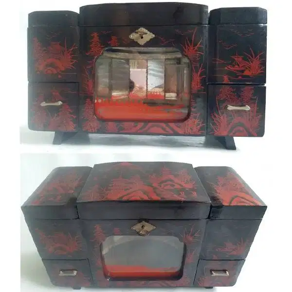 Antik kotak rias  / tempat perhiasan Japan bahan kayu tua dan berlukis