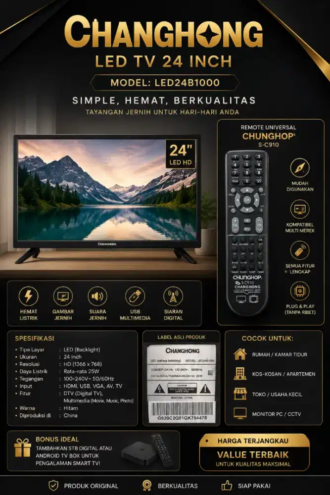 JUAL TV LED 24 Inch Changhong LED24B1000 – SECOND