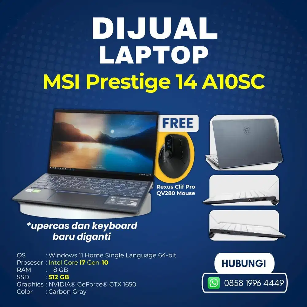 Dijual Laptop MSI Prestige 14 Intel core I7 gen-10 RAM 8GB SSD 512GB
