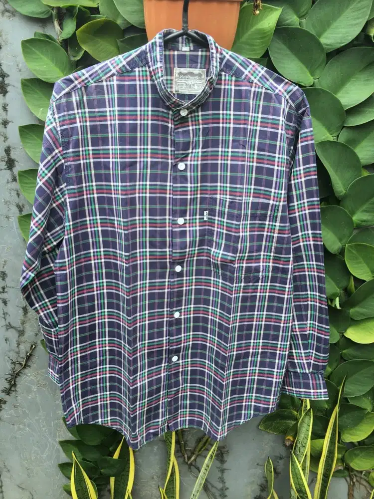 Kemeja Flanel Pria Lengan Panjang S Kotak Biru Navy Vintage