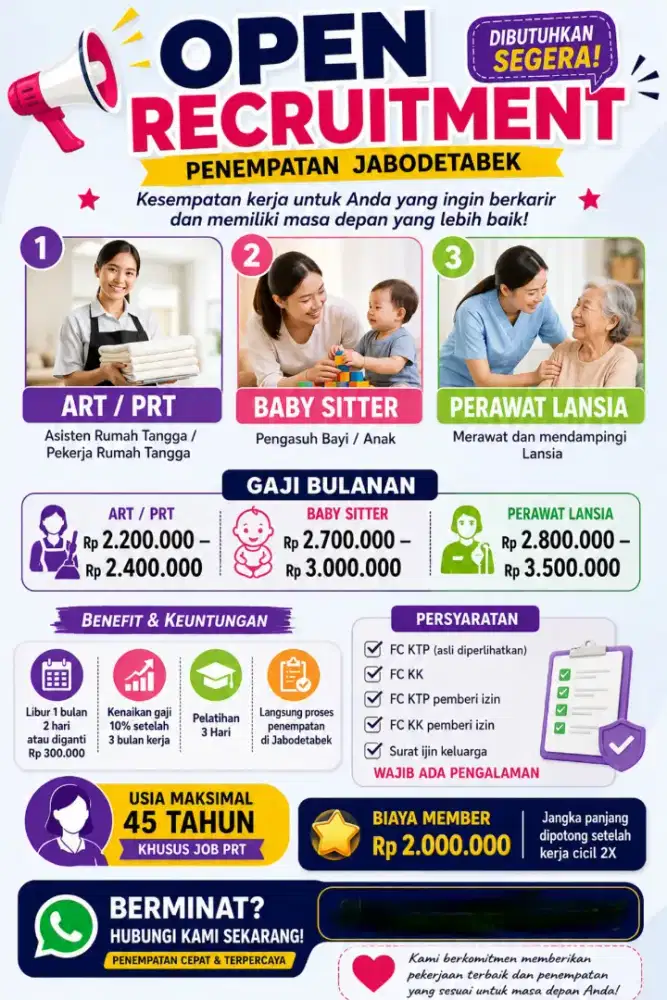 Lowongan Kerja ART/PRT, Baby Sitter, Penjaga Lansia