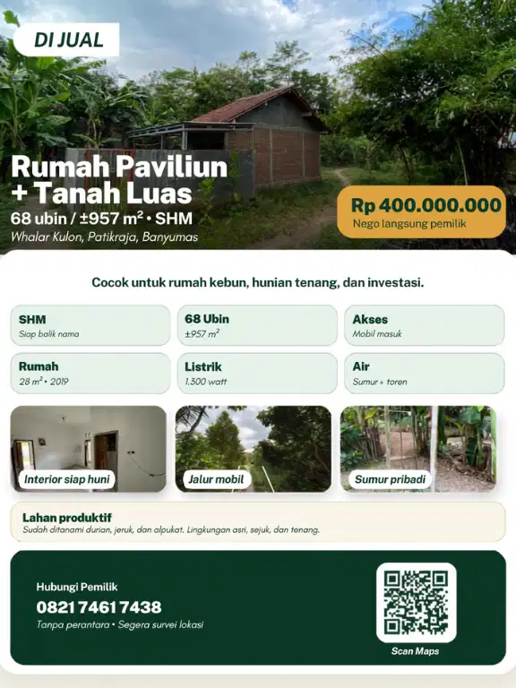 Bismillah Dijual Rumah Paviliun + Tanah Luas 68 Ubin SHM di Patikraja,
