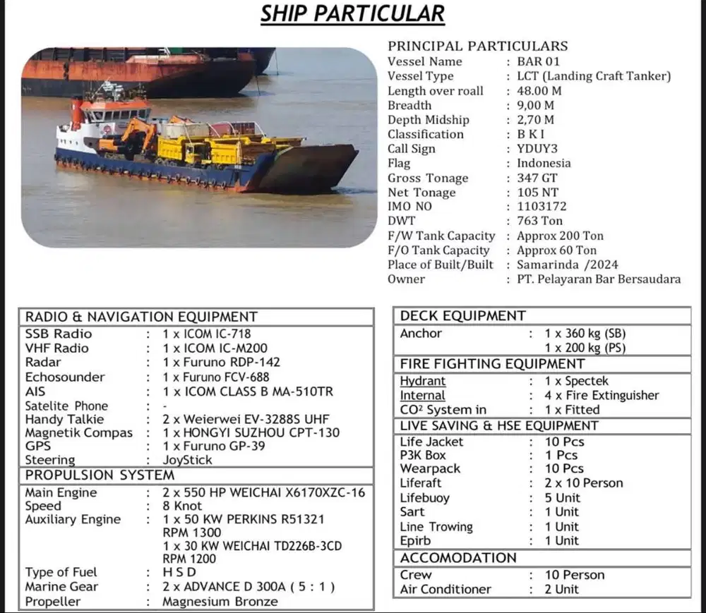 Dijual Cepat LCT 48M x 9M Gress 2024 Klas BKI Posisi Samarinda
