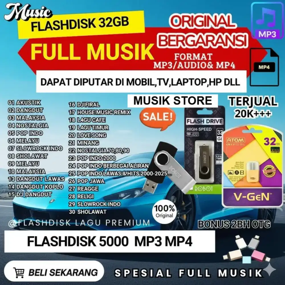 Flashdisk 32GB Isi 5000 Lagu Musik Mobil Terlengkap (MP3/MP4) + 2 OTG