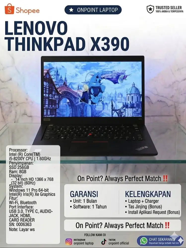 laptop thinkpad x390 tipis ringan , pemakaian wajar
