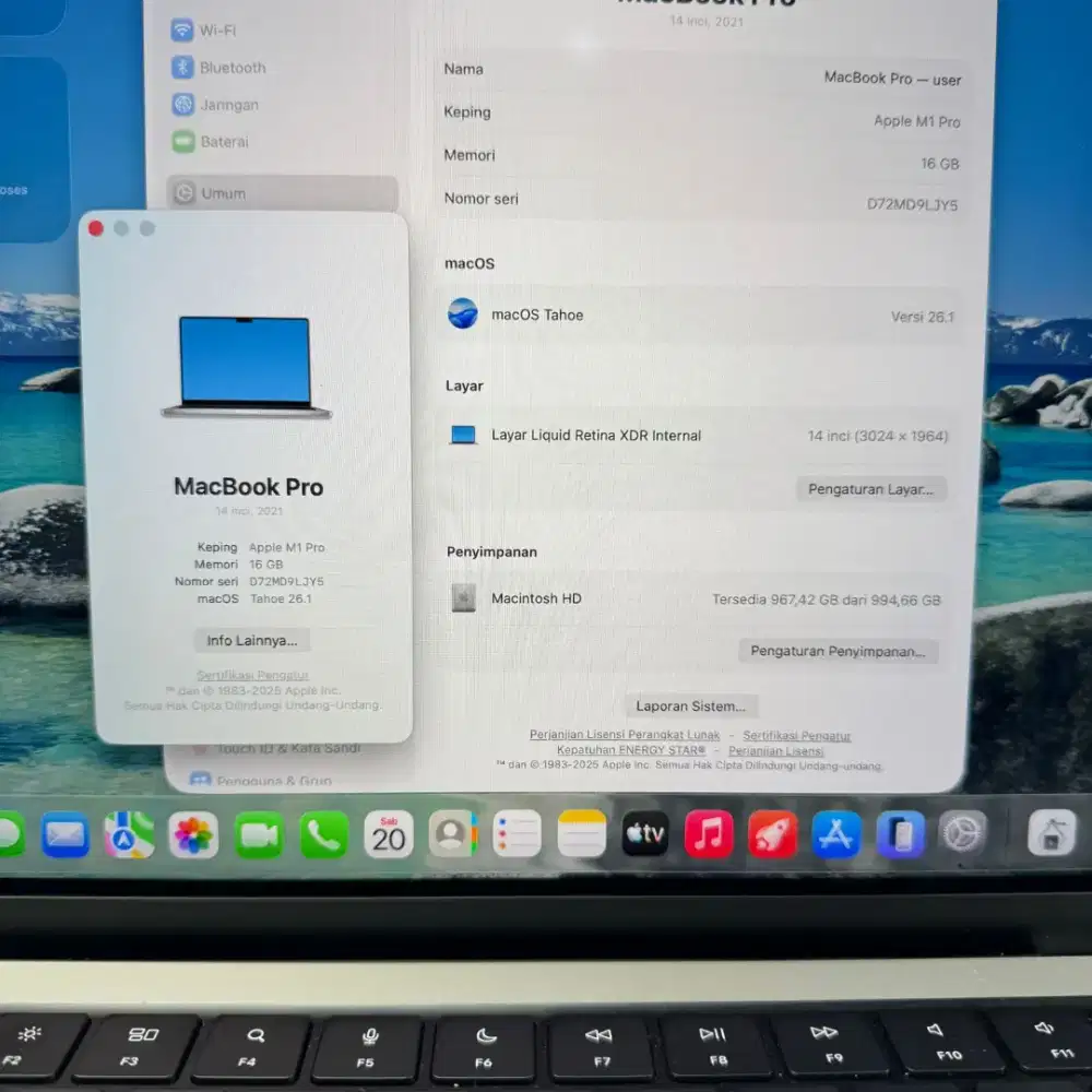 Macbook M1 Pro 14 inch Ram 16 Ssd 1 Tb Full set Silver buat desain