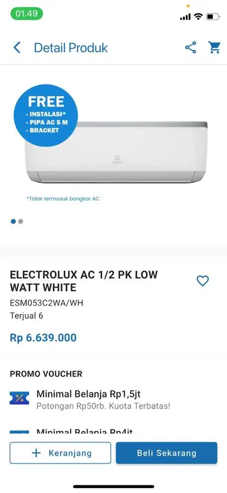 ELECTROLUX AC 1/2 PK LOW WATT WHITE