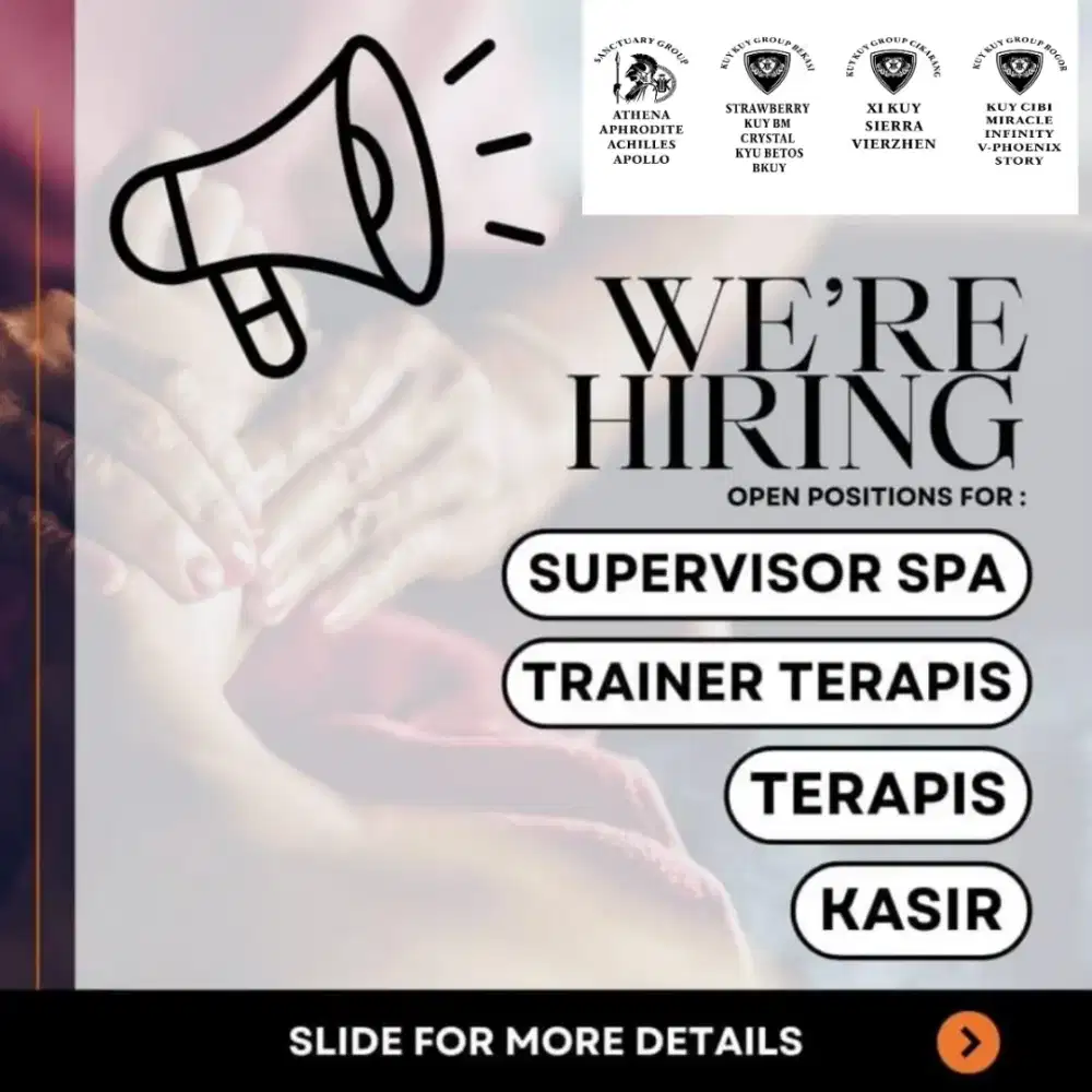 Lowongan khusus Wanita di Outlet spa. Kasir, Therapist, Rsepsonis, ARt