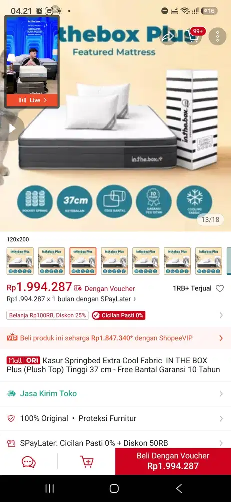 Kasur Springbed Extra Cool Fabric INTHEBOX PLUS (Plush Top) tinggi37cm