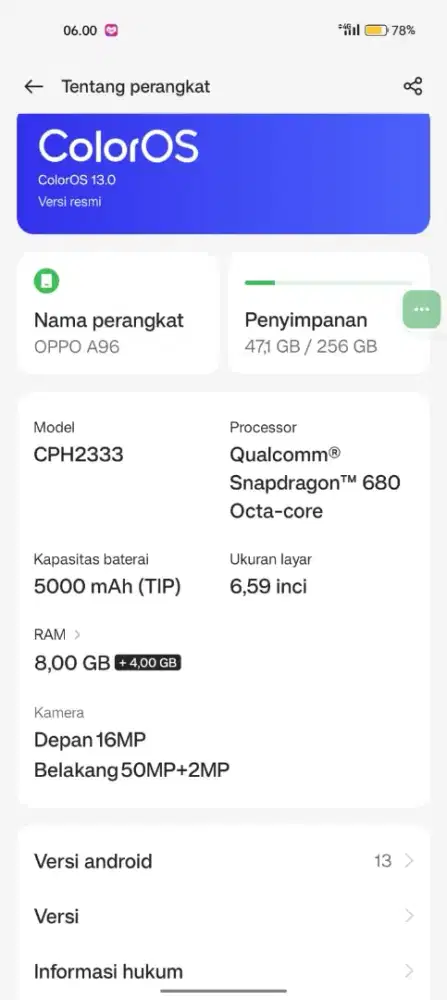 OPPO A96 RAM 8 ROM 256 GB NFC