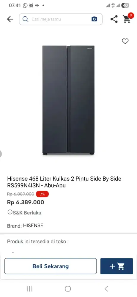 Hisense 468 liter kulkas 2 pintu side bu side rs599n4