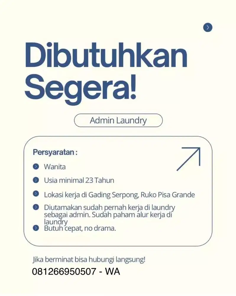 Dibutuhkan Staff Laundry GadingSerpong