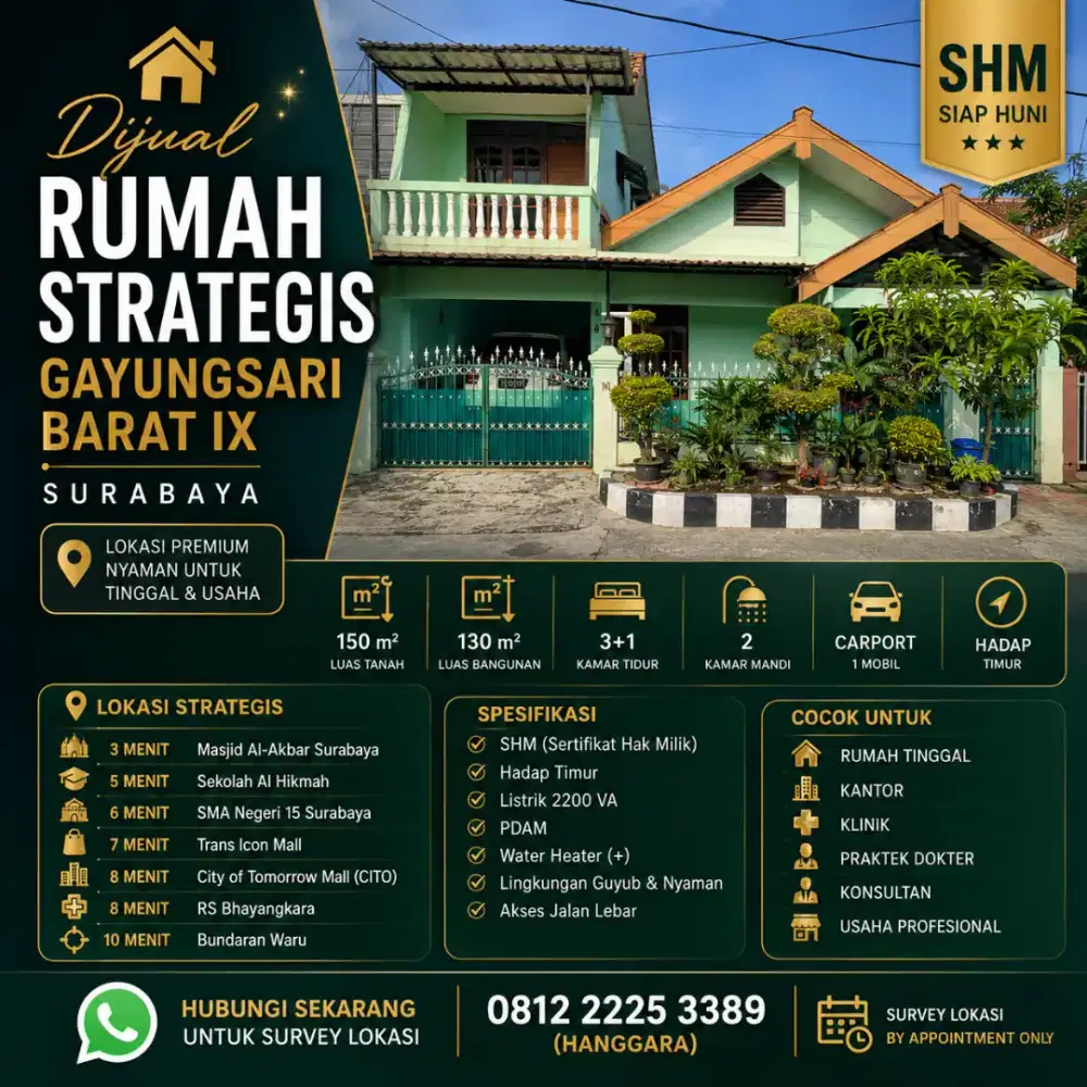 Rumah SHM Gayungsari Surabaya | Dekat Masjid Al-Akbar & CITO