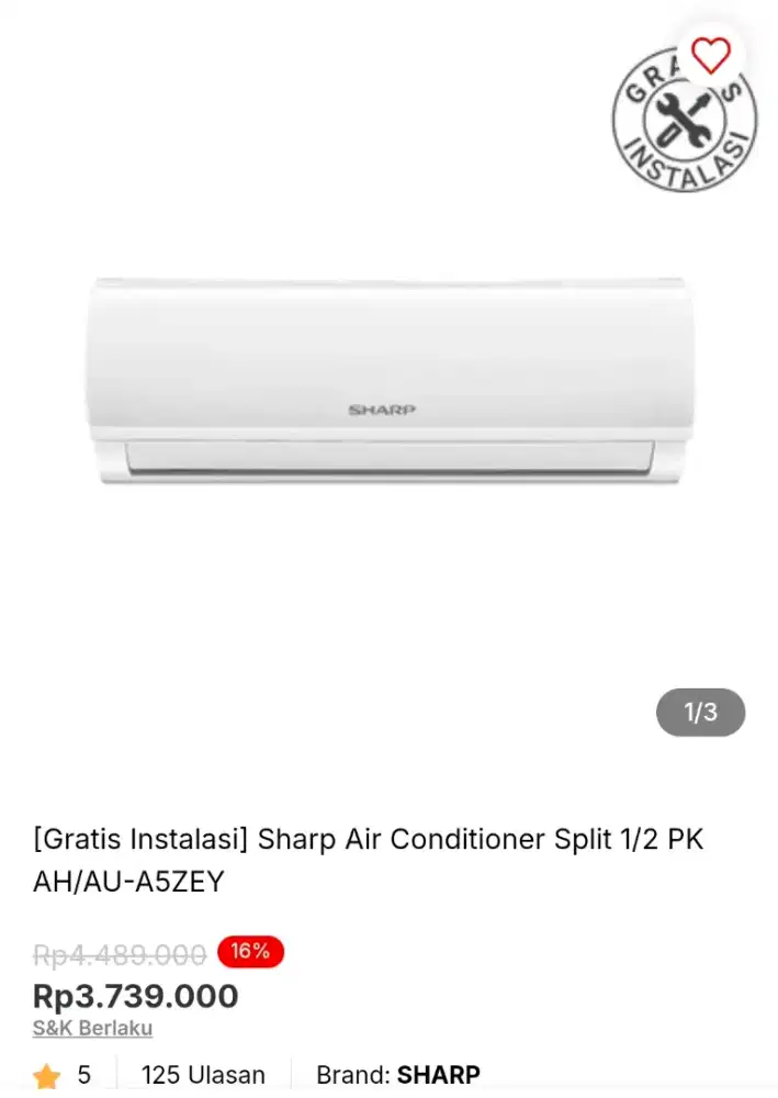 [Gratis Instalasi] Sharp Air Conditioner Split 1/2 PK