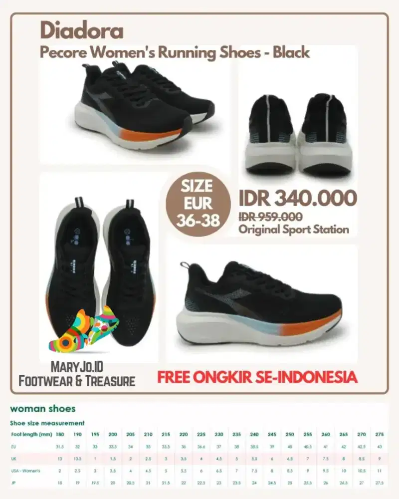 Diadora Pecore Women's Running Shoes - Black : Size 36, 37, 38