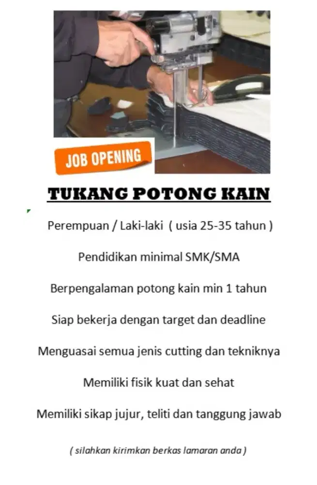 Dicari Tukang potong kain berpengalaman min 1 tahun