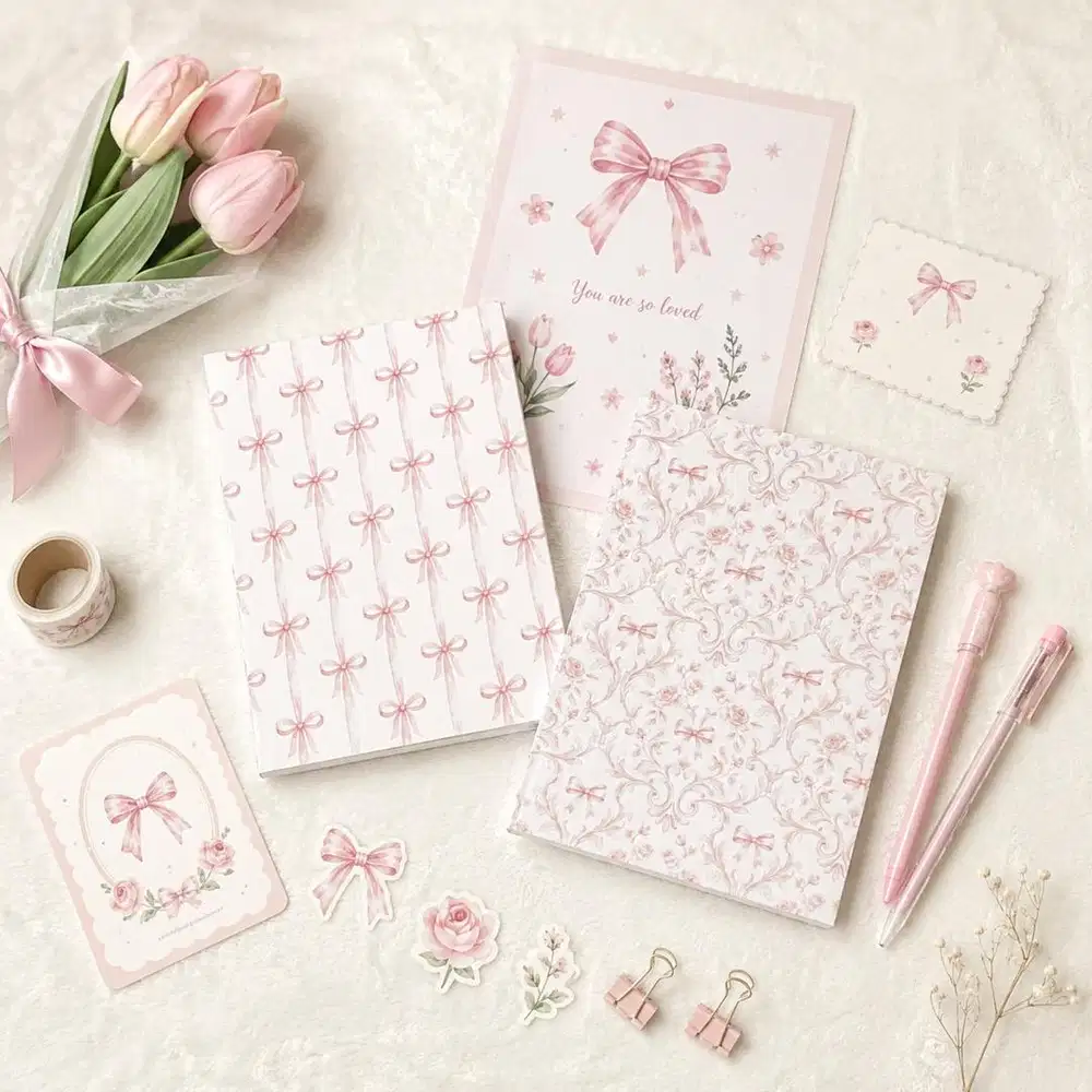 Notebook A5 Soft Cover Hard Cover Aesthetic Coquette Pita Pink Ribbon