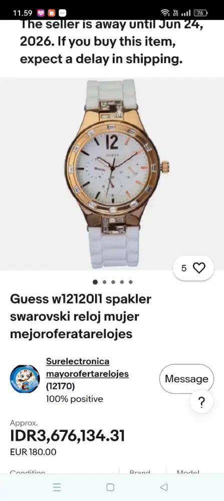 Jam Tangan Guess W12120LI Swaroski Strap Rubber