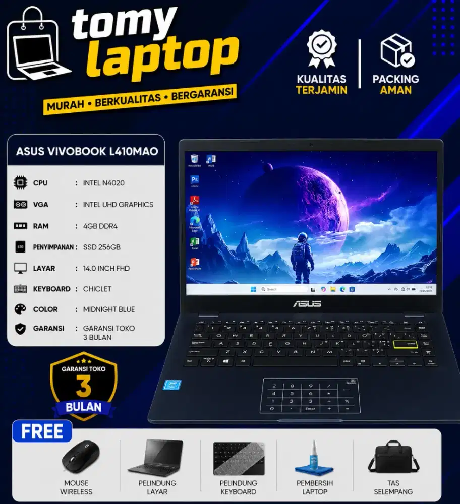 ASUS L410MAO INTEL N4020 RAM 4GB DDR4 SSD 256GB + SD 64GB 14INCH FHD