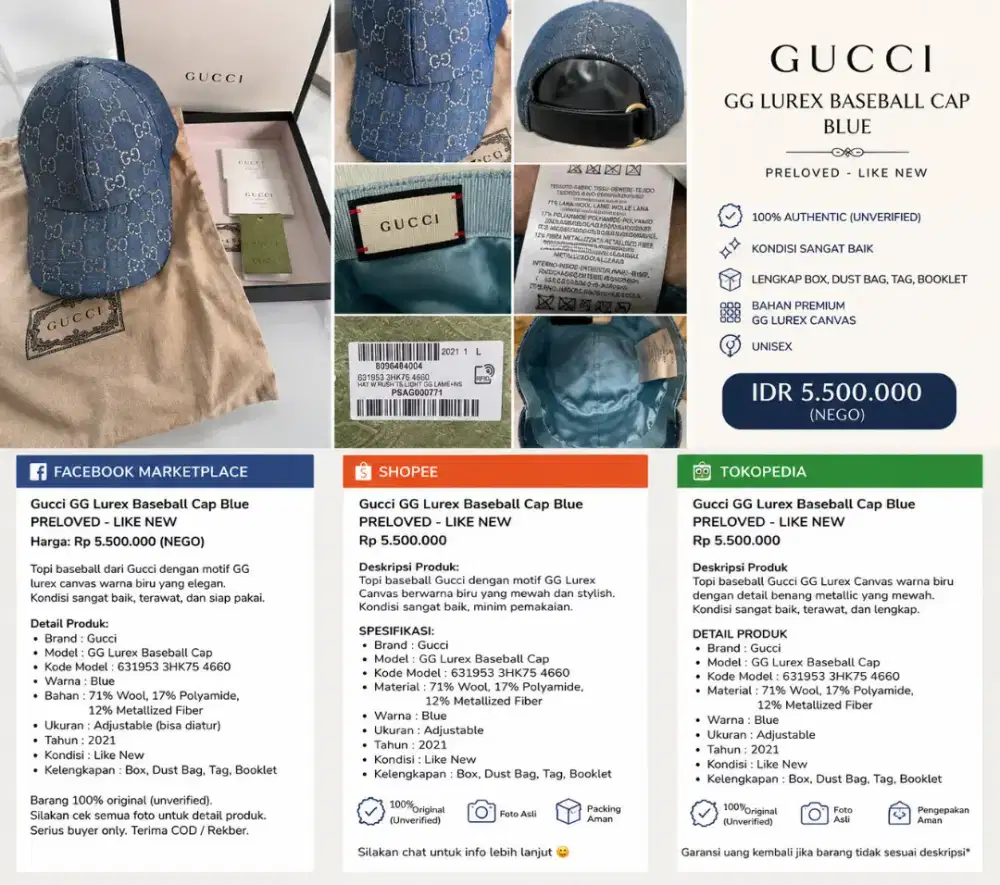 Gucci GG Lurex Baseball Cap Blue