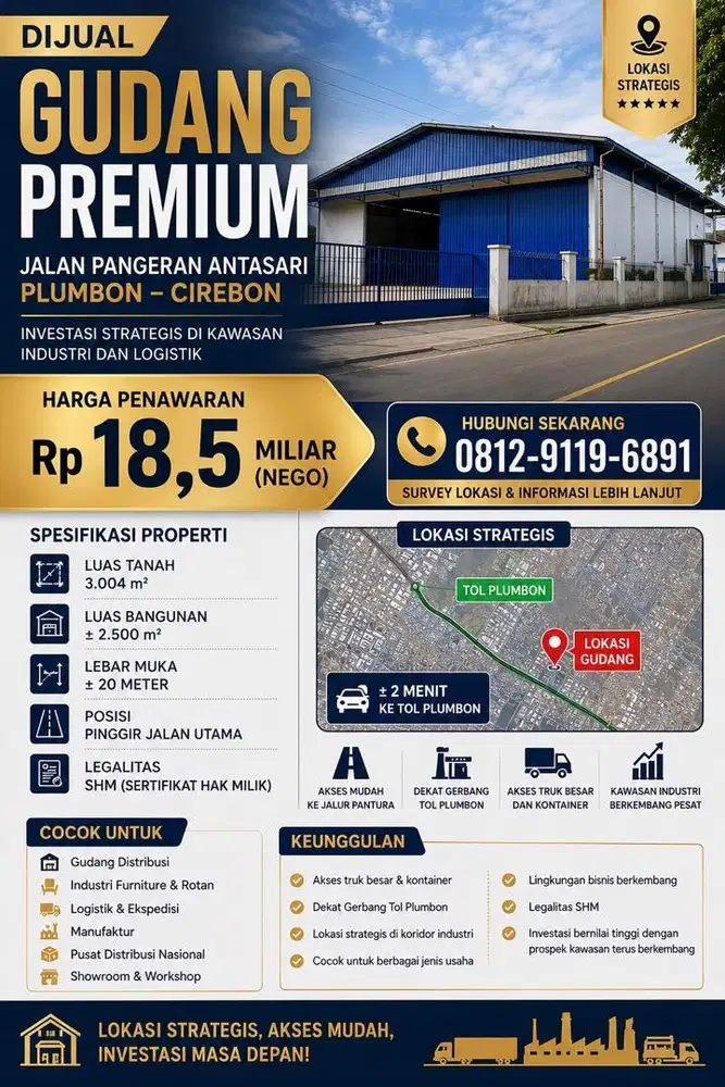 Dijual gudang di lokasi premium di plumbon