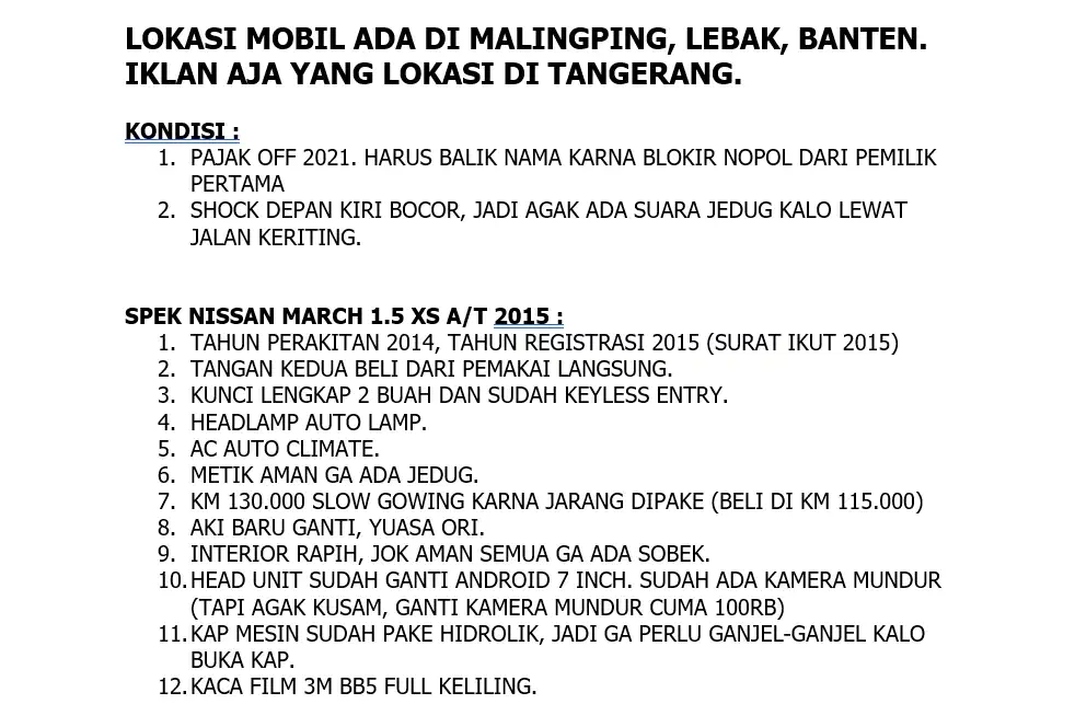 NISSAN MARCH 1.5 XS A/T 2015 PEMAKAI LANGSUNG