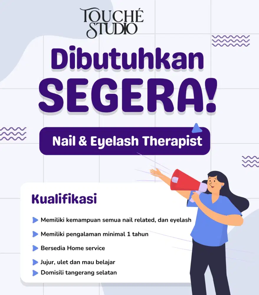 lowongan kerja nailist, nail art terapis, eyelash terapist, brow, wax