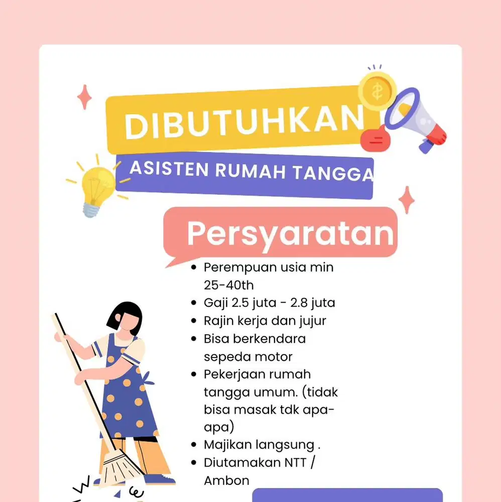 Dibutuhkan ART / Pembantu Rumah Tangga sby citaland