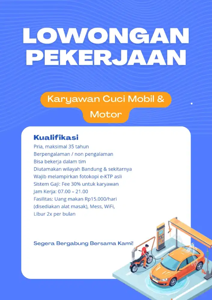Dicari karyawan cuci mobil dan motor