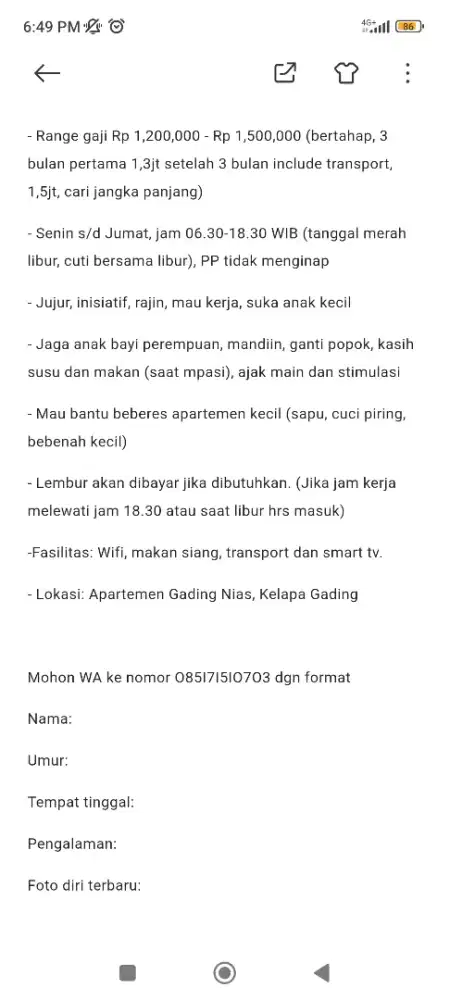Lowongan Kerja Babysitter Momong Anak Pulang Pergi