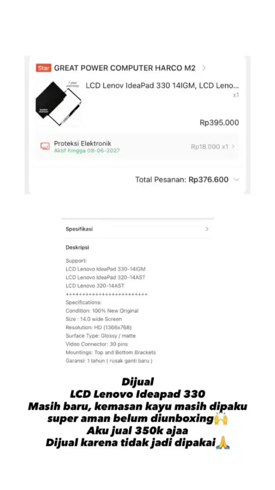 DIJUAL CEPAT LCD LAPTOP LENOVO