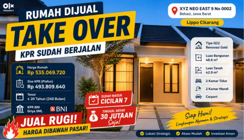 JUAL RUGI Take Over Rumah KPR XYZ NEO Q22 - Masuk 30 Jt Cicilan Jalan