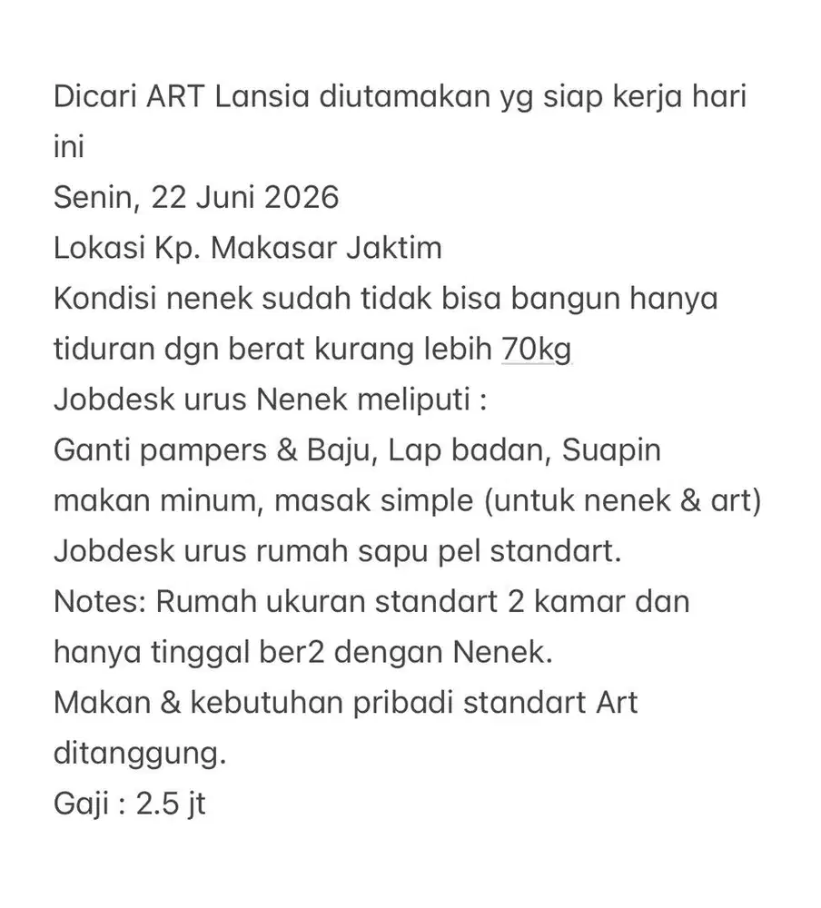 Dicari ART Lansia siap kerja