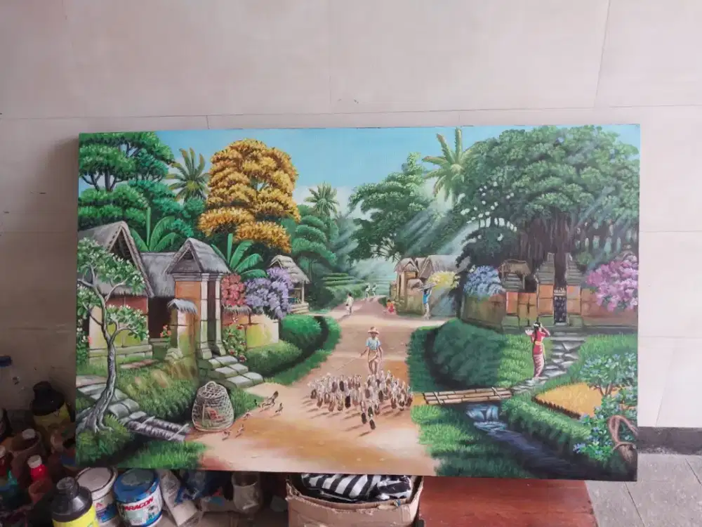 Dijual lukisan kanvas pemandangan kampung 90x130 cm