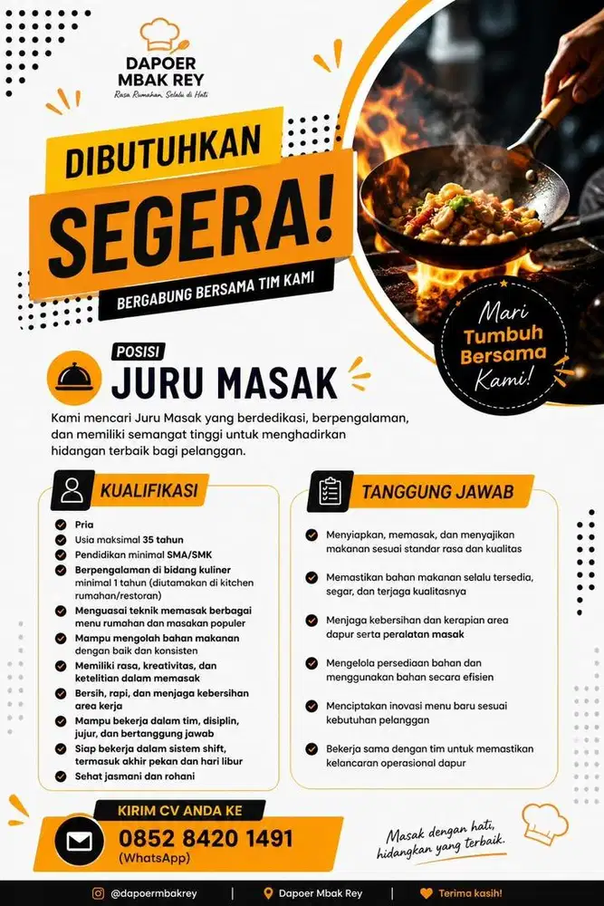 Koki yang siap di traning dan memberi inspirasi.