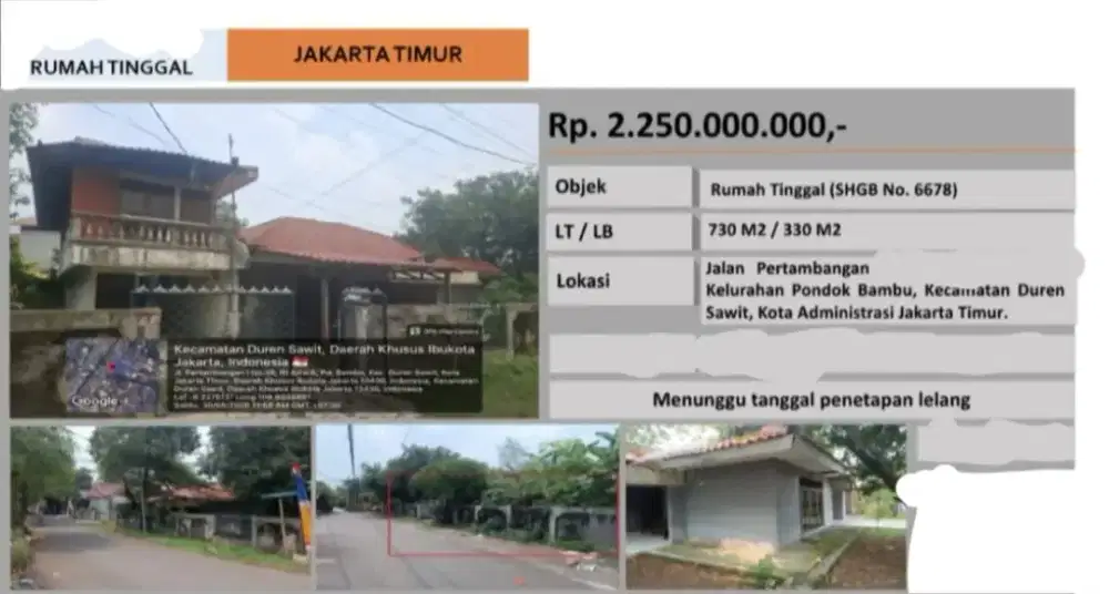 Dijual Rumah Tua Hitung Tanah Jln Pertambangan Pondok Bambu Duren Sawt