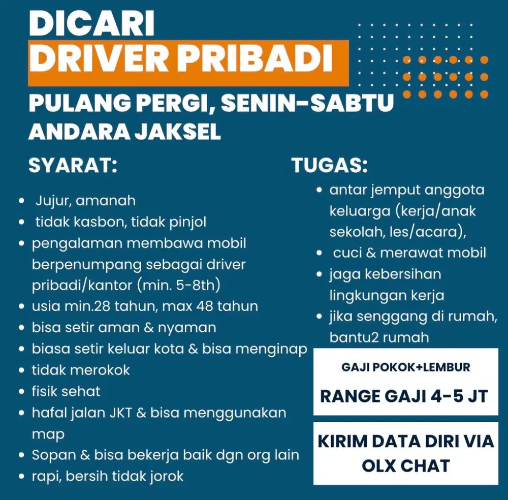 Dicari Driver Pribadi Amanah