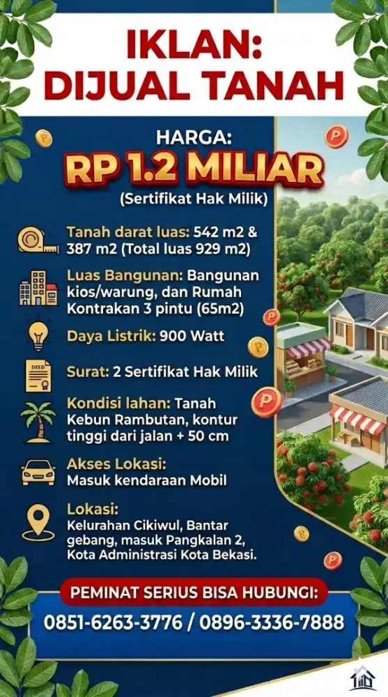 Dijual Tanah dan Bangunan (kios + kontrakan)