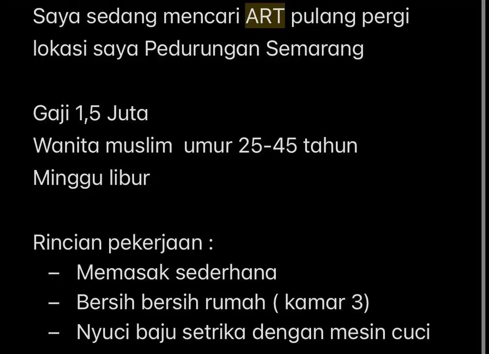 DICARI ART SEMARANG MAJIKAN LANGSUNG