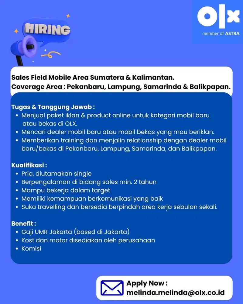 Lowongan Kerja Sales Field Mobile Area Sumatera & Kalimantan