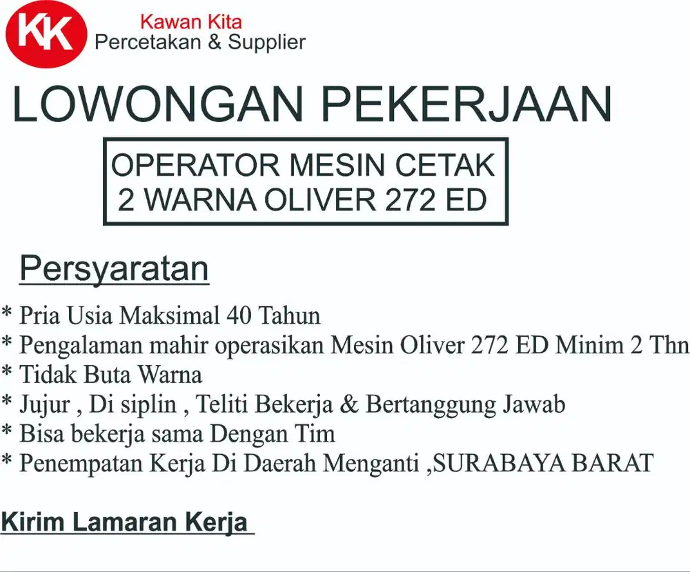 DiButuhkan Operator Cetak kertas