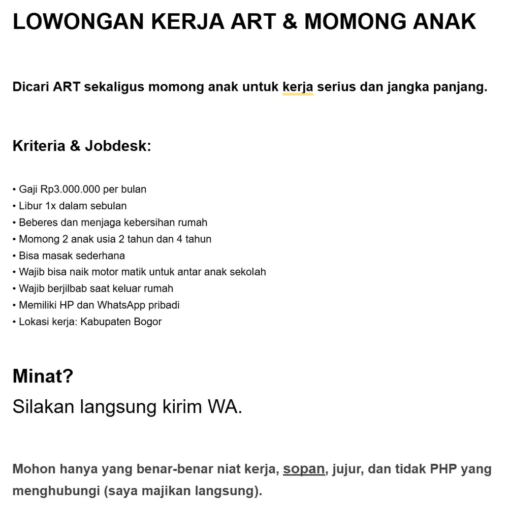 LOWONGAN KERJA ART & MOMONG ANAK