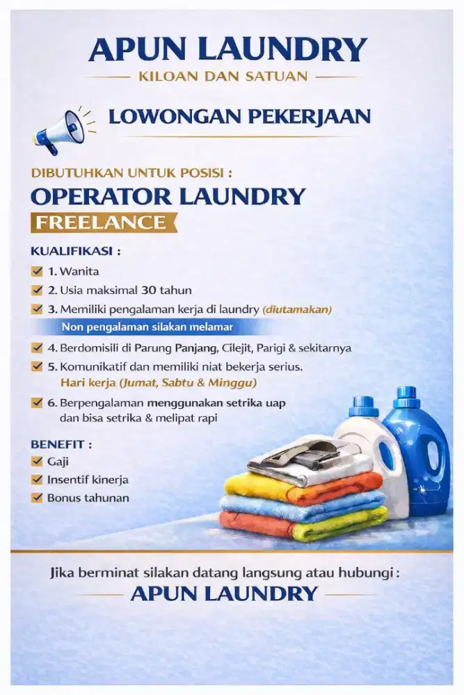 LOWONGAN KERJA - OPERATOR LAUNDRY FREELANCE