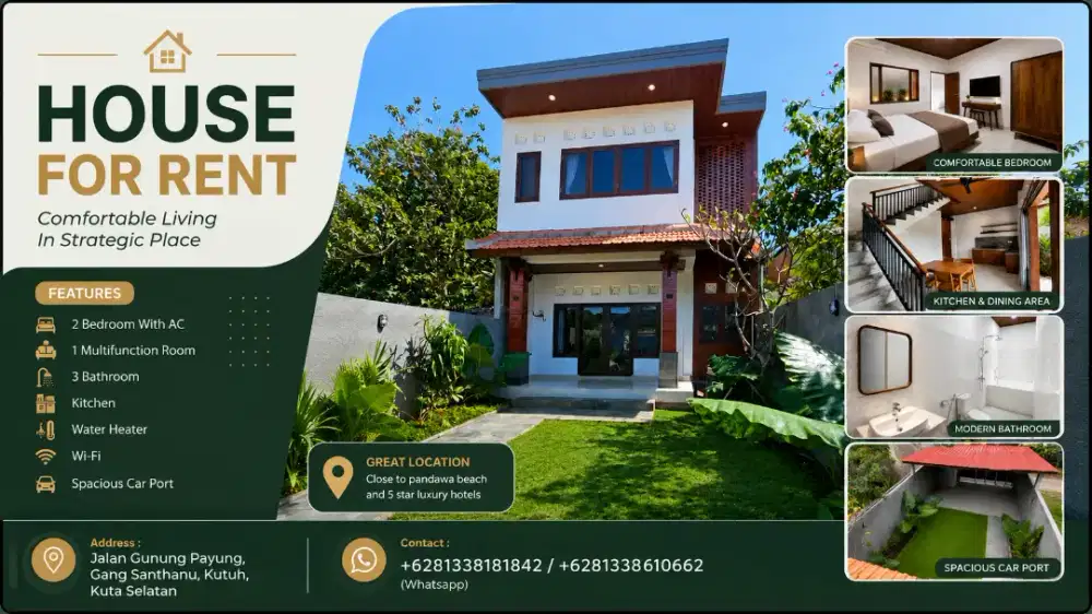 Rumah / Villa 1,5are Disewakan Baru, Dekat Pantai Pandawa & Melasti