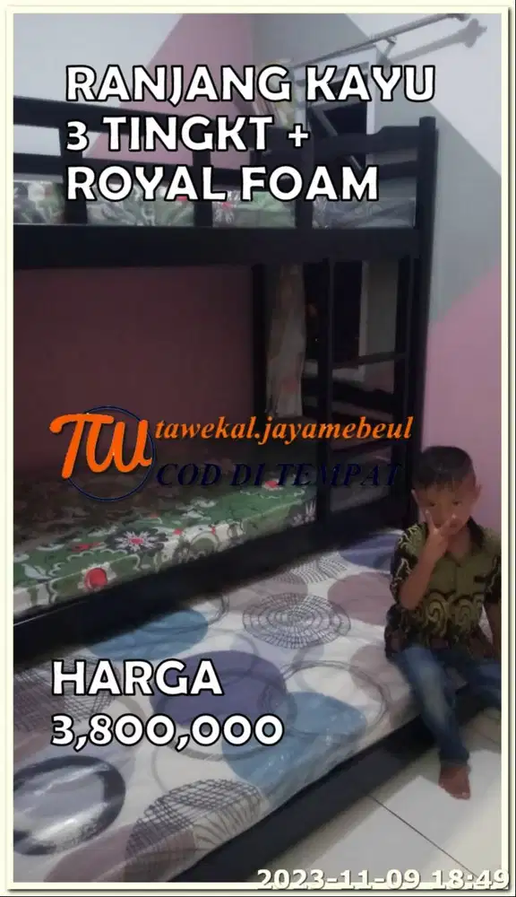 SET RANJANG TINGKAT KAYU RISBANG 3 TINGKAT + KASUR BUSA ROYAL GARANSI