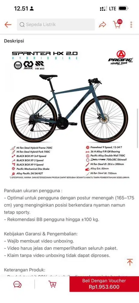 Pacific Sepeda Hybrid HX 2.0 SRK - Jual Rugi