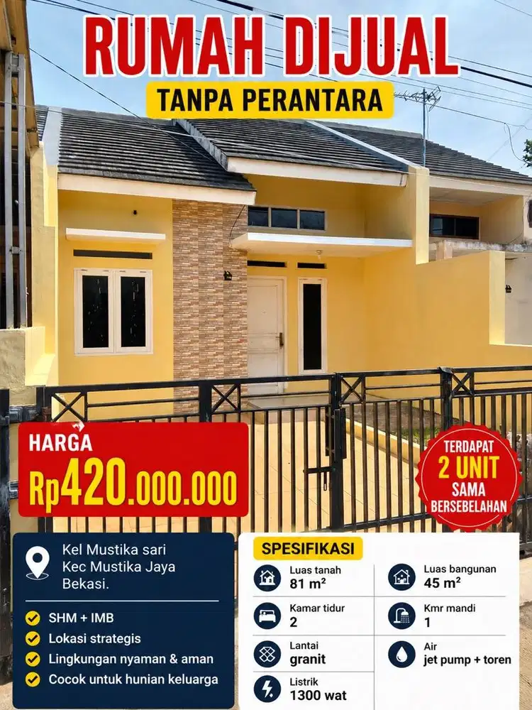 Rumah Dijual Tanpa Perantara – Mustika Sari, Mustika Jaya Bekasi | SHM