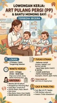 Dibutuhkan art pulang pergi dan bantu momong bayi di ciater tangsel