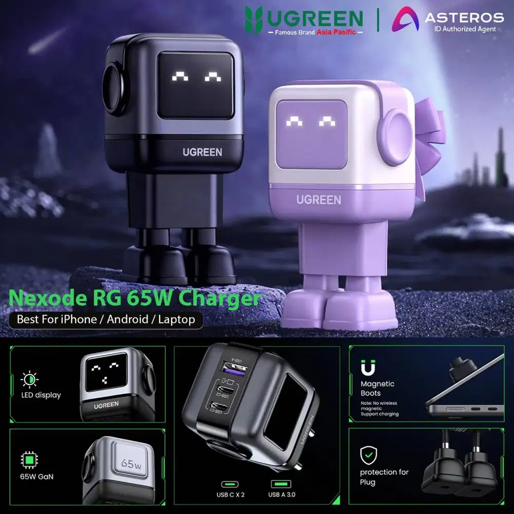 UGREEN Adaptor Nexode Robot GaN 3 Port Fast Charger 65W - 25685B