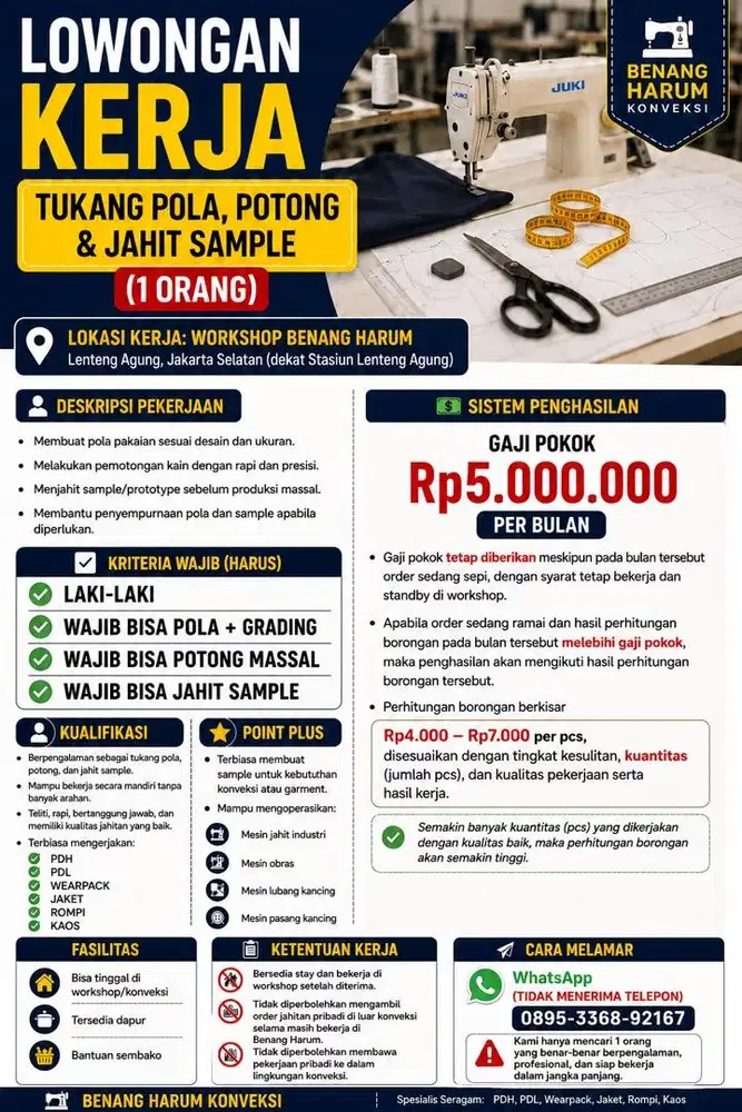 LOKER TUKANG POLA POTONG SAMPLE